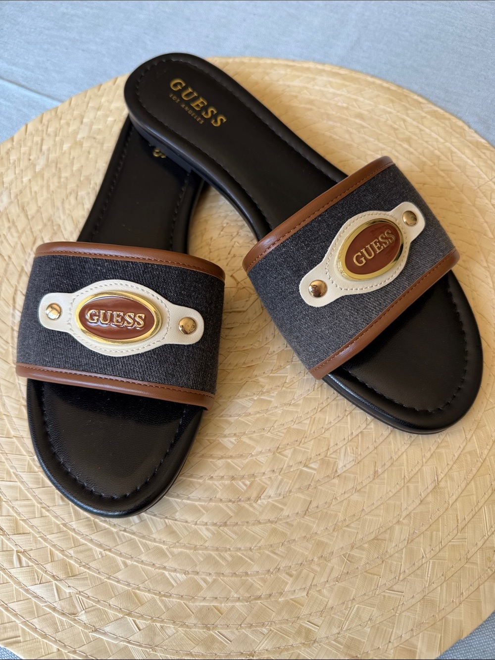 Guess Women's Black and Brown Slide Sandals with Gold Cream Logo